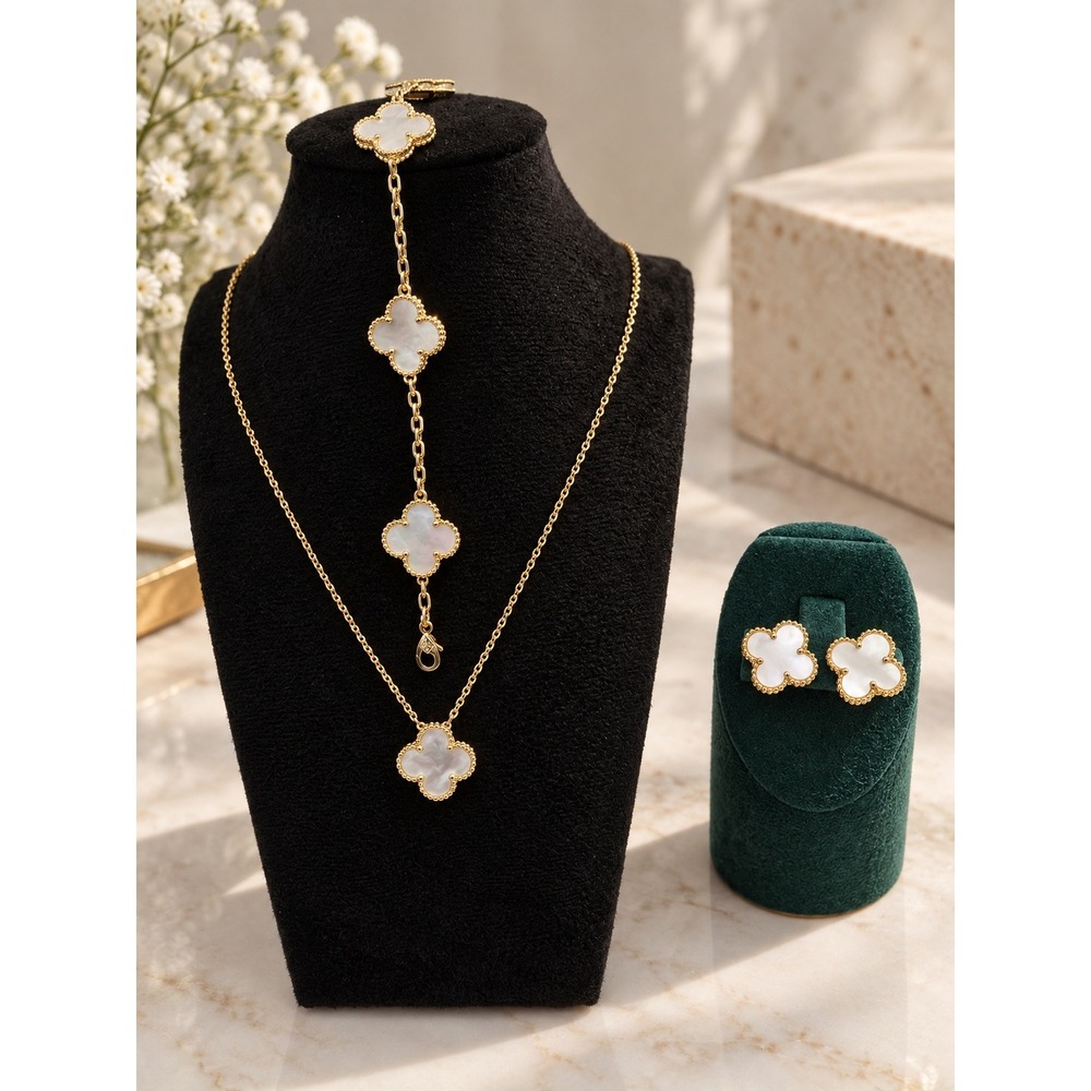 Mother of Pearl Clover Jewelry Set Necklace Bracelet Earrings 18K Gold Plated